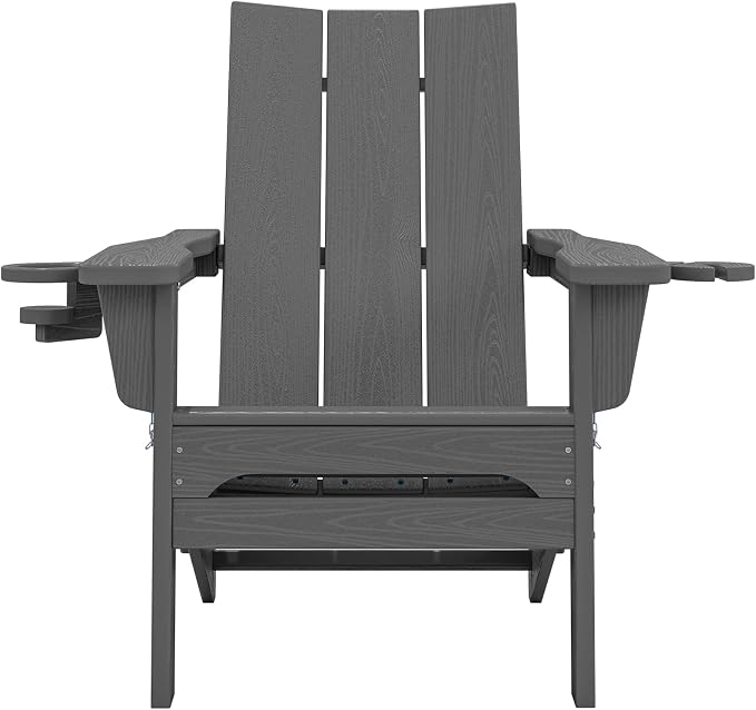 SERWALL Outdoor HDPE Adirondack Chair Set 2，Folding Adirondack Chair with Cup Holders, All Weather Resistant Modern Adirondack Chair, Gray