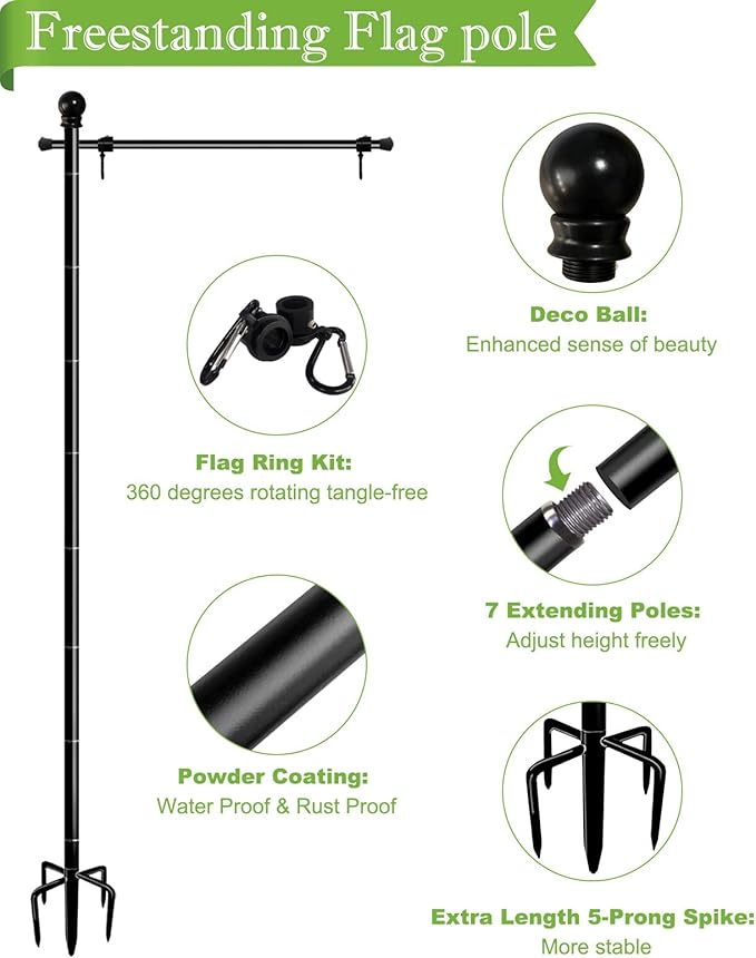 Koutemie 10FT Garden Flag Pole Stand with 5 Prong Base for 3x5 American Flags, Adjustable Heavy Duty Outdoor Flagpole Holder Kit for Yard Decoration, 1 Pack