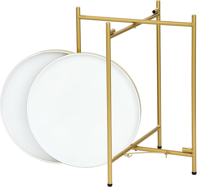 2-Tier Round End Side Table, Small Metal Side Table with Removable Tray, Folding Accent Tables for Living Room, Balcony, Nightstand for Bedroom, Outdoor Tables for Patio, Gold&White