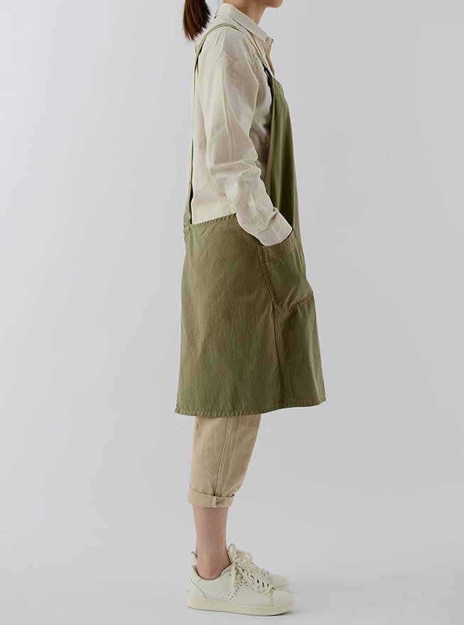 Japanese Cotton Linen Cross Back Apron with Pockets,Fashion Pinafore Dress for Gardening Painting Cleaning Cooking