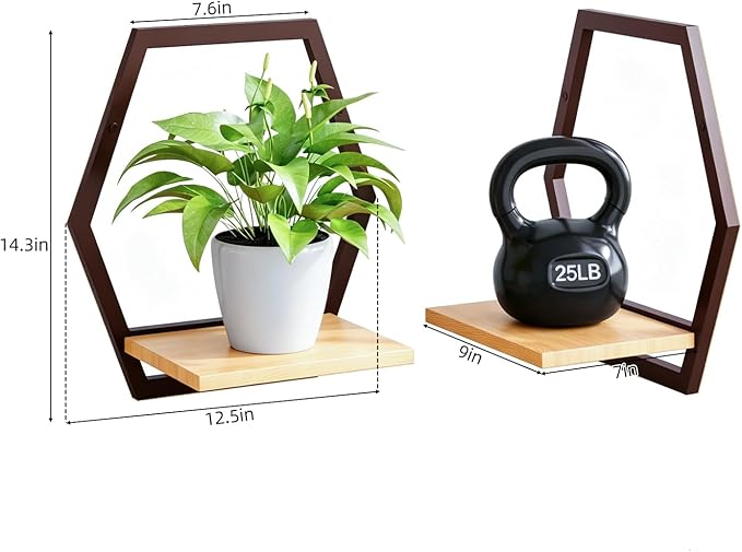2 Pack Solid Wood & Metal Framework Wall Plant Stands,9 inch Natural Wood Shelf of Indoor,Mid Century Modern Hanging Planter for Outdoor Entryway 25 LB Load for Plants Coffee