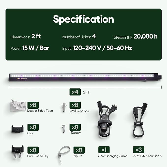 Maygrove Plant Grow Light 2ft, Tunable Full Spectrum LED Grow Light Strips 60W (4 x 15W), T5 Growing Lamp with Timer & Dimming Controller for Indoor Plants, Greenhouse, High PPFD, 4-Pack