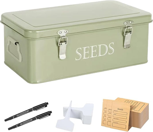Ecopark Seed Storage Box, Professional All-in-one Kit with 2 Pens, 20 Plant Labels and 50 Seed Envelopes, Metal Storage Organizer, Saving Box, Seed Packet Container, Large, Green