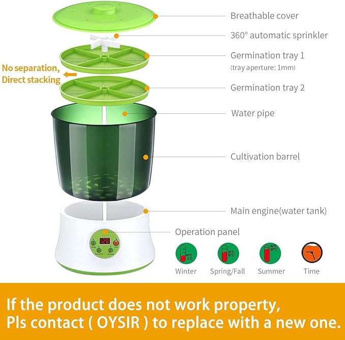 Bean Sprouts Machine, LED Display Time Control, Intelligent Automatic Bean Sprouts Maker, 2 Layers Function Large Capacity Seed Grow Cereal Tool, 110V