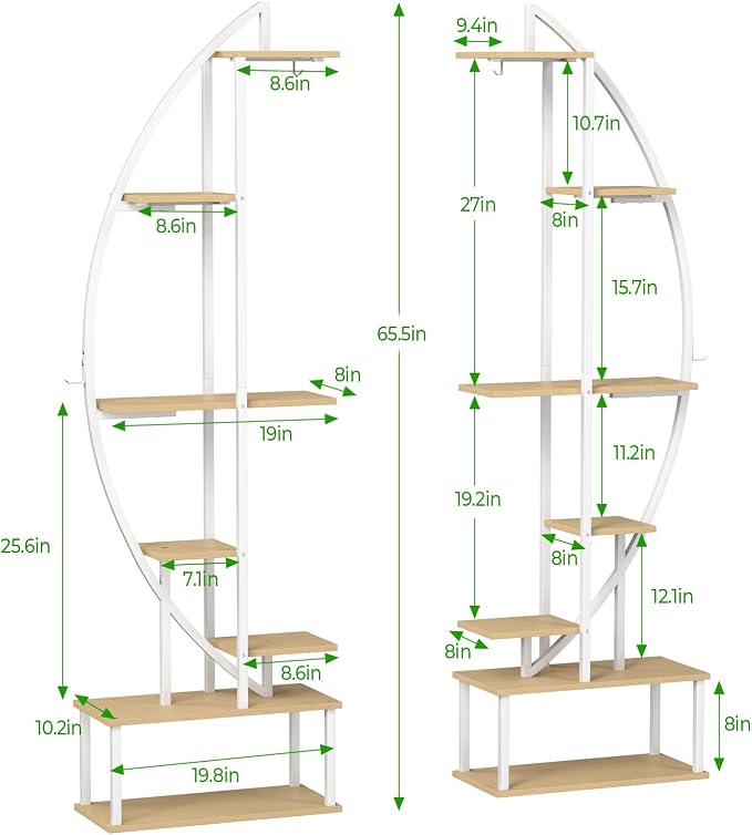 Plant Stand Shelf Indoor with 6 Grow Light, 7 Tiered 65" Tall White Large Half Moon Lighted Plant Rack Holder, 2 Pack Big High Circular Arch Multi Herb Stand with Built in LED Grow Light Set