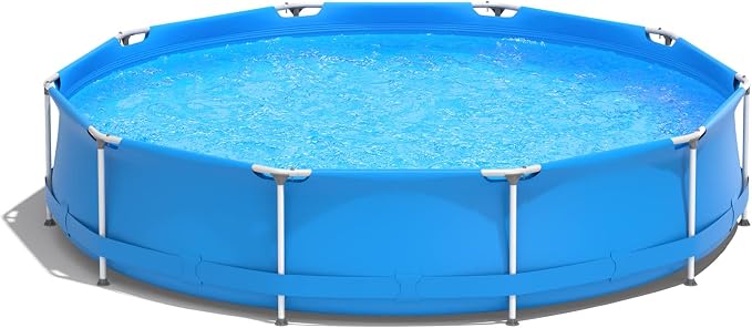 Goplus Above Ground Swimming Pool, 12ft x 12ft x 30inch Outdoor Steel Frame Pool W/Pool Cover, Reinforced Steel Frame, Round Swimming Pool for Backyard, Garden, Patio, Balcony (Blue)