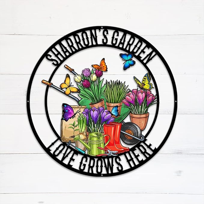 MeMate Flowers Garden Signs Outdoor Decor, Personalized Outdoor Metal Signs, Custom Name Garden Plaques Decoration for Potting Shed, She Shed, Gifts for Gardeners Women Grandma Mom