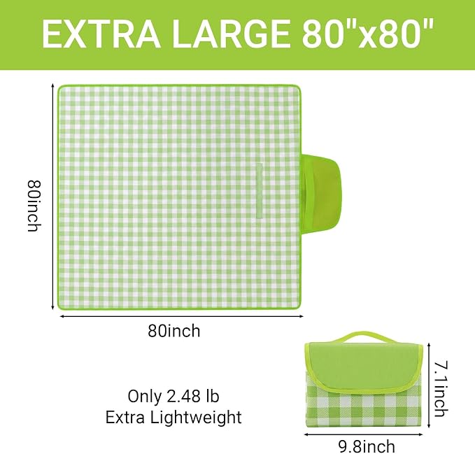 Waterproof Foldable Picnic Blanket Outdoor with Carry Strap,80"x80" Extra Large Beach Blanket Sandproof,Portable Soft Gingham Picnic Mat for Camping Travel Hiking Family Concerts Park(Green)