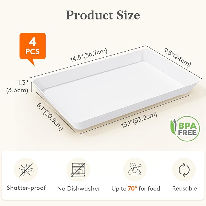 Lifewit 4 Pcs Large Serving Tray for Party, 15" x 10" Reusable Plastic Food Serving Platter for Dessert, Fruit, Cookies, Appetizers & Charcuterie, BPA-Free White Catering Trays for Buffets Display