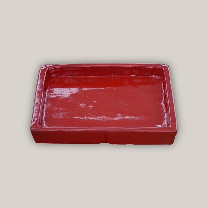 13.5 Inch Plant Saucer (Ceramic) - Square Red Flower Pot Tray - Handcrafted, Durable Planter Base