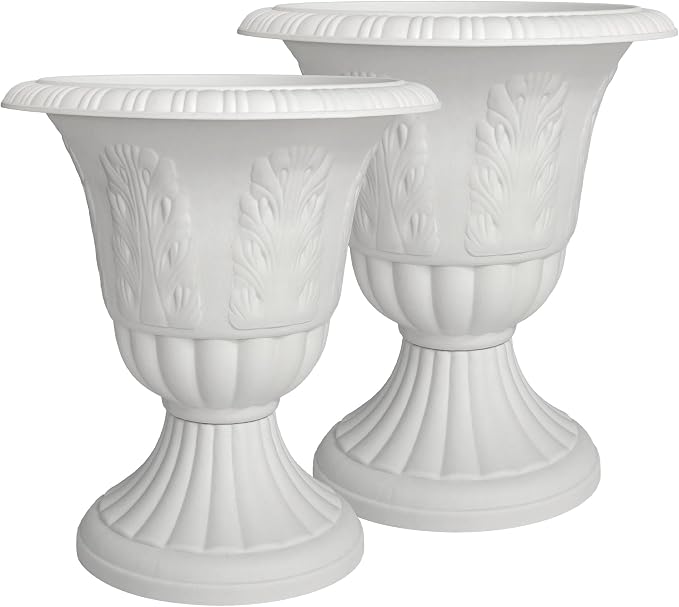 Set of 2 Goblet-Shaped Plastic Planter Urns, White, Diameter 14.6" Large | OUMUHE elegant plastic flower pots with secure buckle base & porous drainage for outdoor porch plants, 16" H × 14.5" D