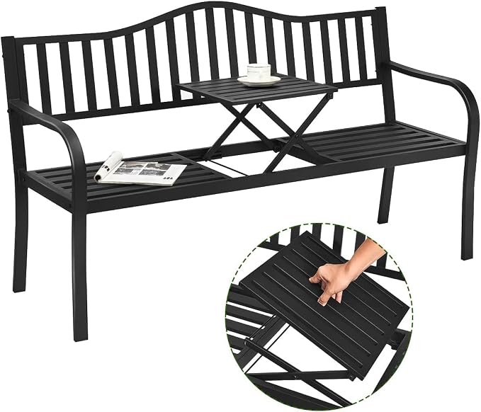Giantex Outdoor Bench with Pullout Middle Table, 500Lbs Capacity, Outside Loveseat Chair, 2-3 Person Patio Seating, Metal Garden Benches for Front Porch Pool Deck Outside (Black)