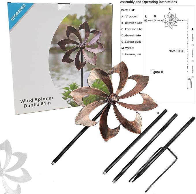 Wind Spinner Garden Decor, 61in(H) Copper Metal Easy Rotate Outdoor Stake | Tool-Free Assembly Adjustable Height Smooth Spin All-Weather Frame Premium Color Gift Box For Holiday Presents Yard Lawn