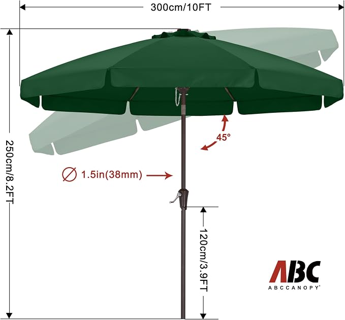 ABCCANOPY 10ft Scalloped Patio Umbrella, Outdoor Table Umbrella with Tilt and Crank, Fiberglass Ribs Deck Umbrella for Patio, Pool, Garden, Picnic (Green)