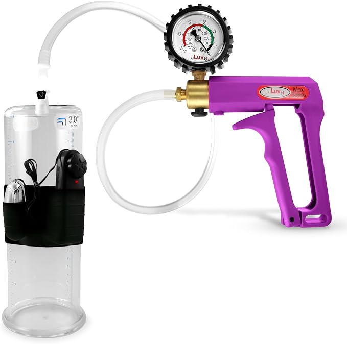 LeLuv Maxi Vibrating Penis Pump - Purple Handle + Clear Hose, Protected Gauge - 9" Length x 3" Diameter Round-Flange Cylinder