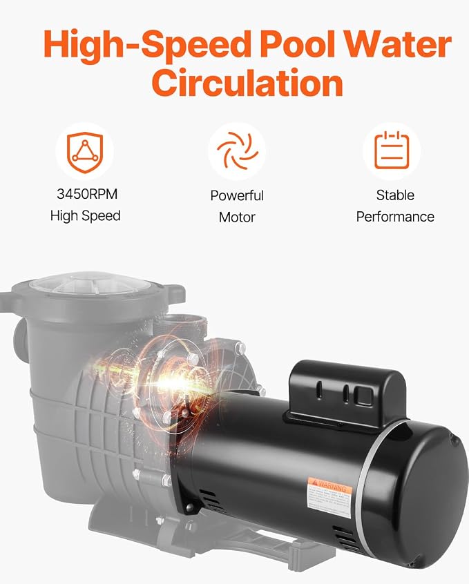 VEVOR 2 HP Pool Pump Motor, 3450 RPM High Speed, 230V (7.8 Amps), 50μF/250V Capacitor, 1.3 SF, CCW Rotation, 56Y Square Flange Replacement Motor for Swimming Pools, Spa Centers