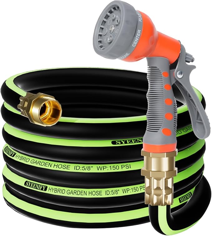 Kink Free Garden Hose 25ft 5/8", Heavy Duty Hybrid Water Hose, Ultra Durable Flexible Rubber Hose with Sprayer Nozzle,Leakproof Yard Outdoor Hose with Brass Solid Connector
