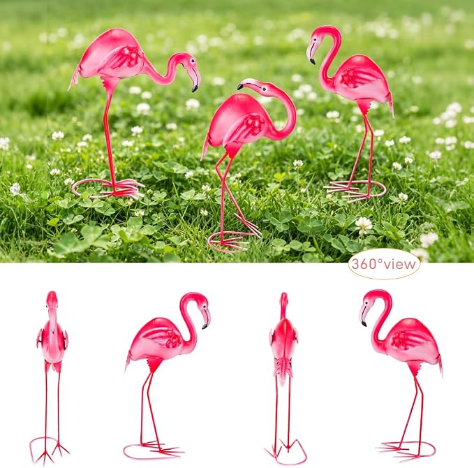 3Pcs Pink Flamingo Yard Decor 15" Metal Yard Art Outdoor Sculptures | Garden Statues for Outside Lawn Ornament Home Patio Backyard Décor Porch Pool Deck Decorations Set Of 3 Tropical Present