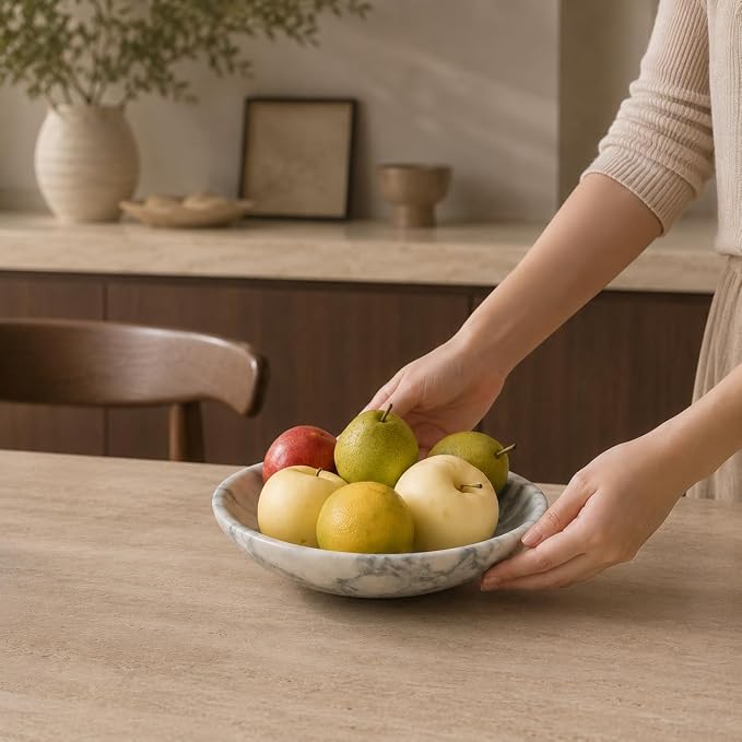 Marble Decorative Bowl Large White, Handcrafted Natural White-Grey Stone Bowl for Home Decor, 11" Large Entryway Bowl for Key, Coffee Table Bowl, Marble Fruit Bowl for Centerpiece