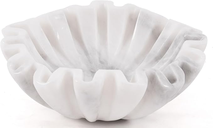 Marble Small Decorative Bowl 6 Inch Handmade White Ruffle Bowl, Scalloped Bowls for Table Centerpieces & Housewarming Gifts, Fluted Ring Dish, Fruit & Key Bowl for Entry Table