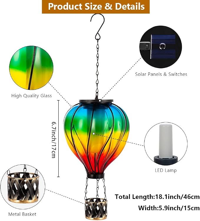 Starsoul Glass Hot Air Balloon Solar Lantern with Flickering Flame Light Colorful Solar Powered Hot Air Balloon Lamp Waterproof Hanging Solar Lantern for Garden Yard Patio Porch Decor