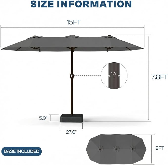 15FT Large Patio Umbrella with Base Included, Double Sided Outdoor Market Umbrella with Flexible Fiberglass Ribs, UV-Blocking Extra Large Umbrella for Garden, Pool, Deck, Gray