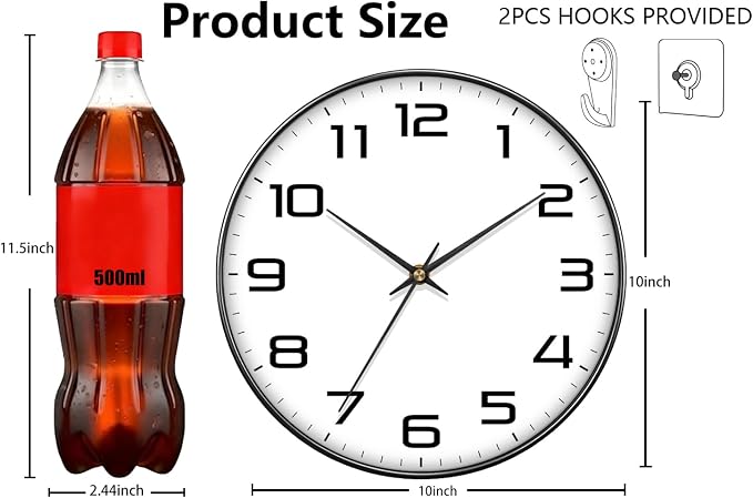 Silent Wall Clock with Extra Large Numbers - 10 Inch Modern Battery Operated Analog Clock, Tempered Glass, Non-Ticking Wall Clocks for Living Room, Bedroom, Kitchen, Office, Classroom, Black