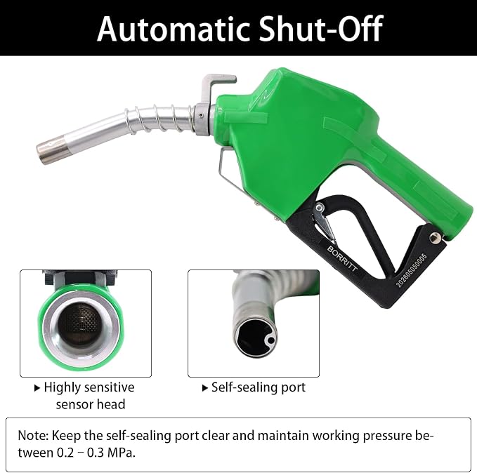 3/4" Inch NPT Green Fuel Nozzle,Automatic Shut Off Heavy Duty W/360° Hose Swivel Gas Fuel Transfer Pump Nozzle,304 13/16" Spout nozzle bushing,Copper Valve,Hook,16 gpm Flow Rate For Gas,Diesel