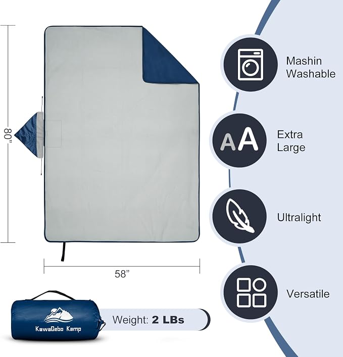 Large Waterproof Outdoor Picnic Blanket 80"x 58" | Windproof Lightweight Stadium Blanket, Packable, Stay Dry and Comfortable for Camping, Sports, Travel - Blue Hooded