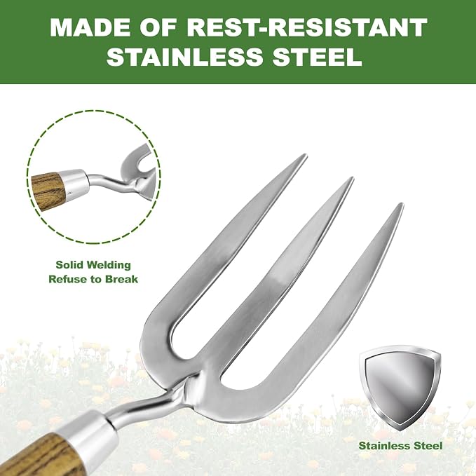 Garden Hand Fork, Hand Weeding Fork with Sharp Tine for Easy Uprooting Large Weeds, Stainless Steel Garden Fork, Comfortable Grip Wood Handle Hand Fork for Fast Weeding, Loosening Soil and Composting
