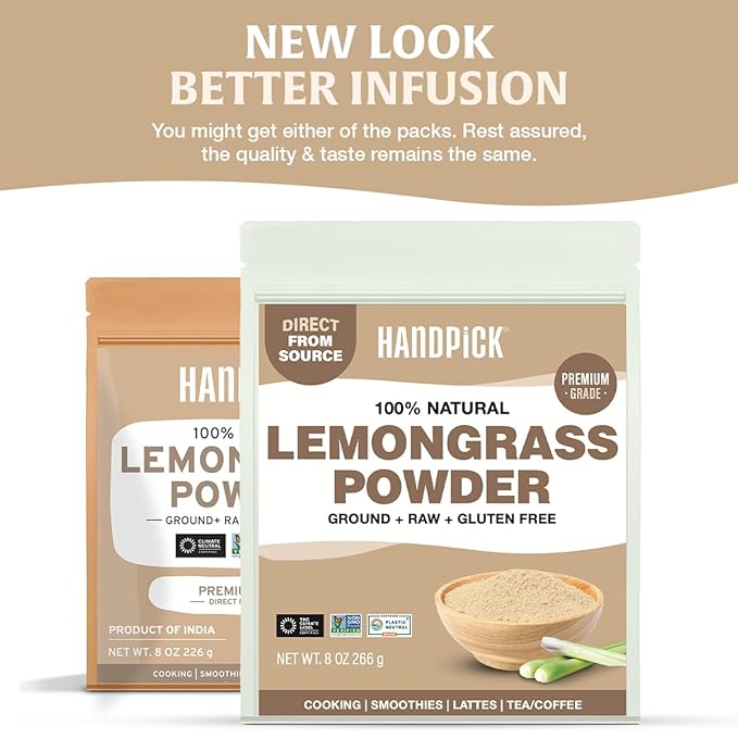 HANDPICK Lemongrass Powder (226g/8oz) Non GMO, Gluten Free, 100% Raw, Sourced from India, For Cooking, Smoothies, Tea, Packed in Resealable Ziplock Pouch (Packaging may vary)