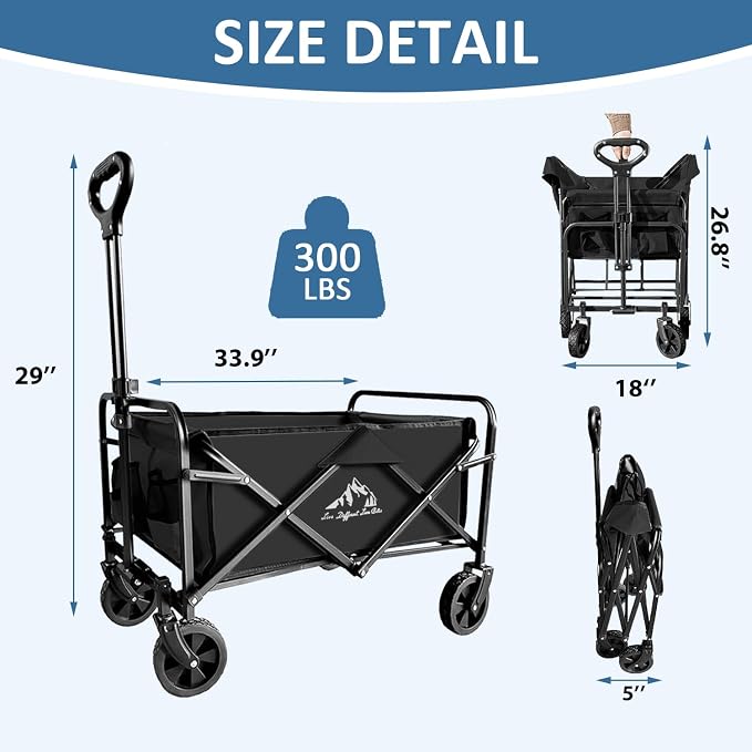 Collapsible Utility Cart Folding Wagon, 320lbs Capacity Lightweight Rolling Cart with Quiet Wheels, Quick-Fold Design for Camping, Shopping, Ourdoor Use, Black
