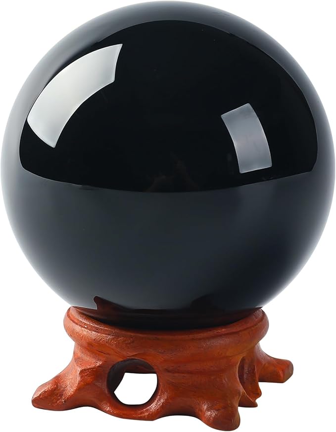 Black Obsidian Crystal Ball 80mm/3.1 inch with Rose Wooden Stand and Gift Box for Home Decor, Meditation,Fortune Teller,Feng Shui,Halloween,Magic,Quartz Crystal Orb Prop Decorative Glass Sphere