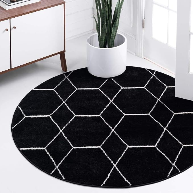 Unique Loom Trellis Frieze Collection Area Rug - Geometric (5' 1" Round, Black/ Ivory)