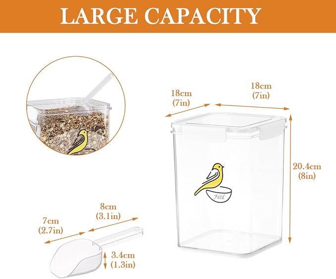 Bird Seed Storage Container-Airtight Bird Food Container 4.23 Qt/4.2LPet Food Storage Containers with Bird Seed Scoop-Wild Bird Seed Dispenser-forPetBirds Parakeets Finches Food MealwormsStorage/Clear