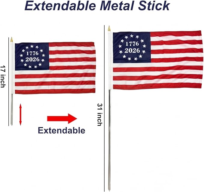 TOPFLAGS 250 Anniversary USA Flag 1776 2026 Small Betsy Ross Flags 12x18 on Stick 6 Pack Mini 13 Star Bennington US Flags Metal Handheld Pole for Outside 4th of July Memorial Day USA 250th Year Patriotic Decorations