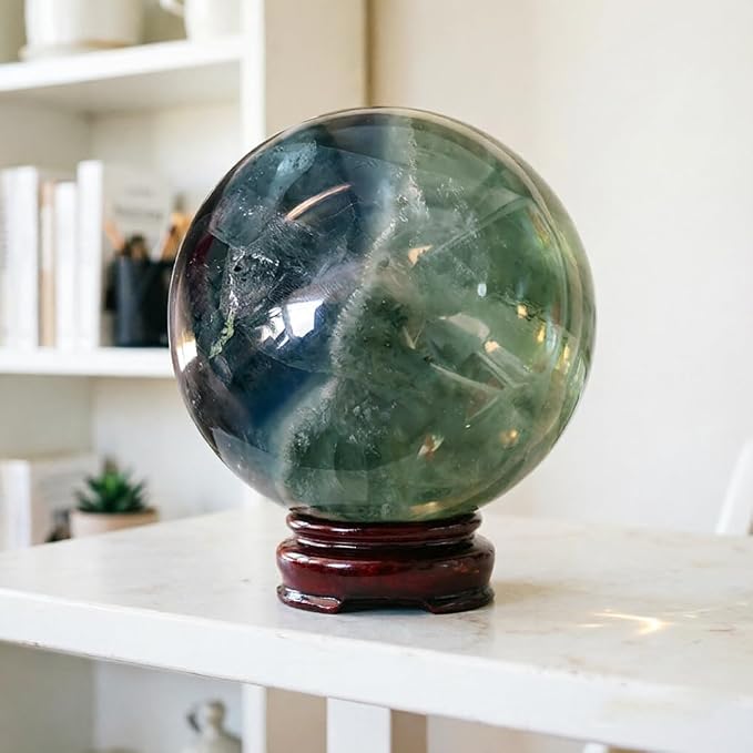 2-2.4 inch Natural Fluorite Crystal Ball with Stand, Hand Polished Colorful Fluorite Sphere, Reiki Healing Energy Stone, Home Desktop Decor Ornament