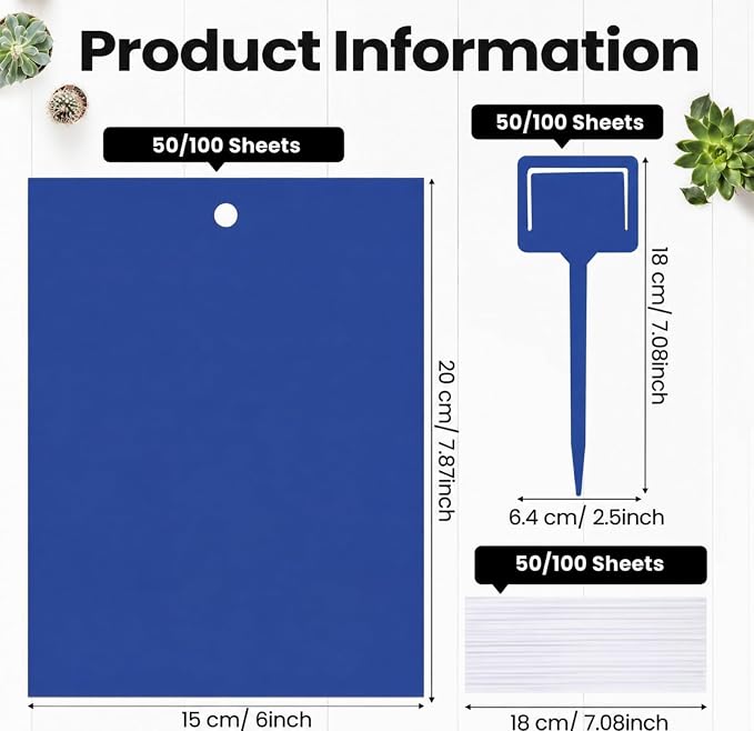 Qualirey 50 Pcs Blue Sticky Traps for Gnats, 6 x 8 Inch Dual Sided Gnat Traps for Indoor Outdoor Plants, Fungus Gnat Sticky Cards for Fruit Flies Whiteflies Thrips, Twist Ties and Plastic Holders