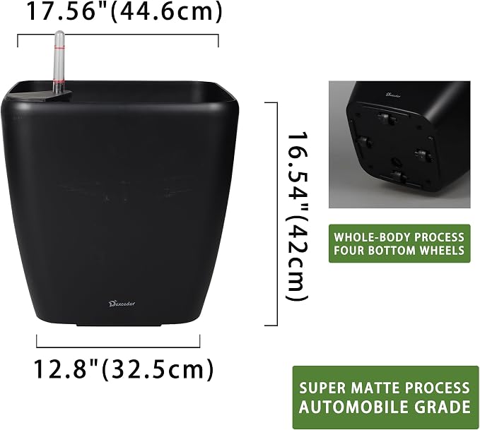 Dexceder 18x17 Self Watering Planter with Wheels (Black Matte) | Inner Mat Design, Thickened Large Floor Standing Flower Plant Pot with Water Level Indicator Indoor Outdoor