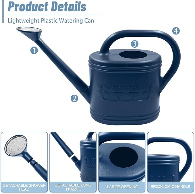 Watering Can for Indoor & Outdoor Plants, Plant Watering Can with Stainless Steel Shower Head, 1 Gallon Plastic Watering Can for Garden, Flowers, Vegetable, Greenhouse (Dark Blue, 1 Gallon)