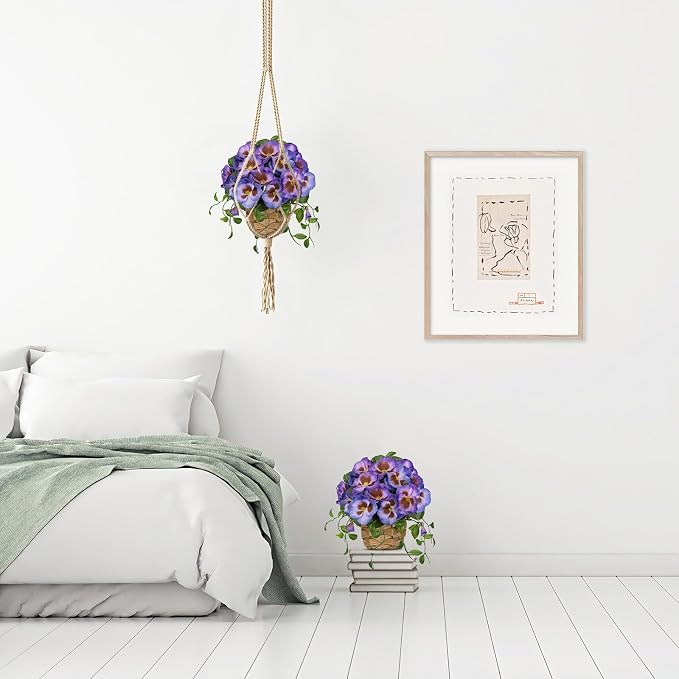 Briful Artificial Pansy Flowers in Baskets, 2PCS Realistic Fake Flowers for Farmhouse Table Decor, All Seasons Faux Indoor Flowers for Home Kitchen Living Room Dining Shelf Decor, Purple