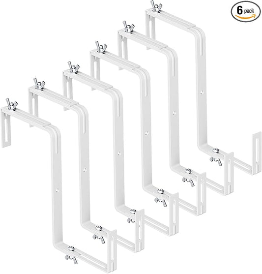 Adjustable Planter Box Brackets,Enhanced Bottom Support,Universal Outdoor Hanging Brackets,Flower Box Brackets for Fence Railings, Windowsill, Patio, Garden,Balcony. (6, White)