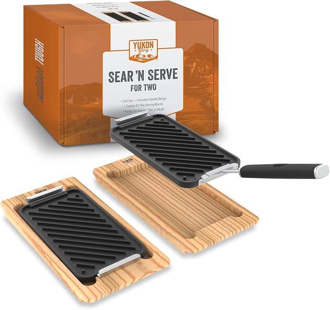 Yukon Glory Cast Iron Grill Pan Set | 2 Grooved Cast Iron Pans, Wooden Serving Trays & Clip-On Handle | Grill to Table | Gas, Charcoal & Campfire