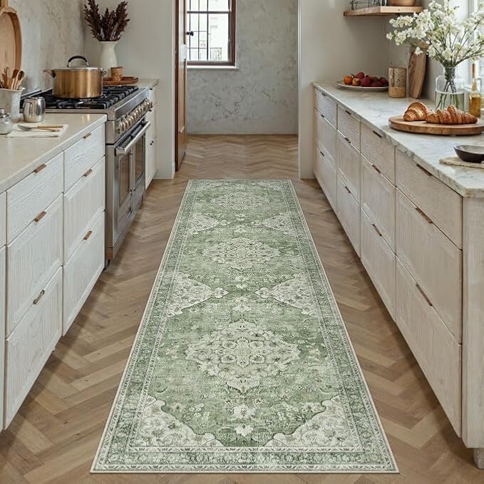 Sage Green Runner Rug 2x8 Kitchen Vintage Floral Non-Slip Carpet | Machine Washable, Soft, Low Pile, Distressed, for Hallway, Entryway, Laundry Room, Bathroom, Retro Farmhouse Decor