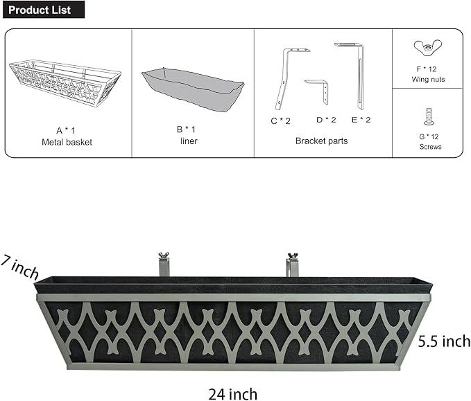 2 Pack 24 Inch Window Boxes Planters Railing Planter Box with Adjustable Brackets & Non-Woven Fabric Plant Grow Bags Deck Railing Planter Boxes Balcony Hanging Flower Box for Outdoor Plants