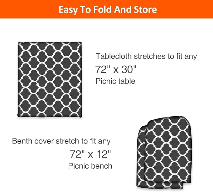 6ft Picnic Table and Bench Cover, Camping Essentials RV Gear, 72 in Waterproof Windproof Outdoor Elastic All Around Tablecloth, Fitted Rectangle Tables and Seats, Black-White Moroccan