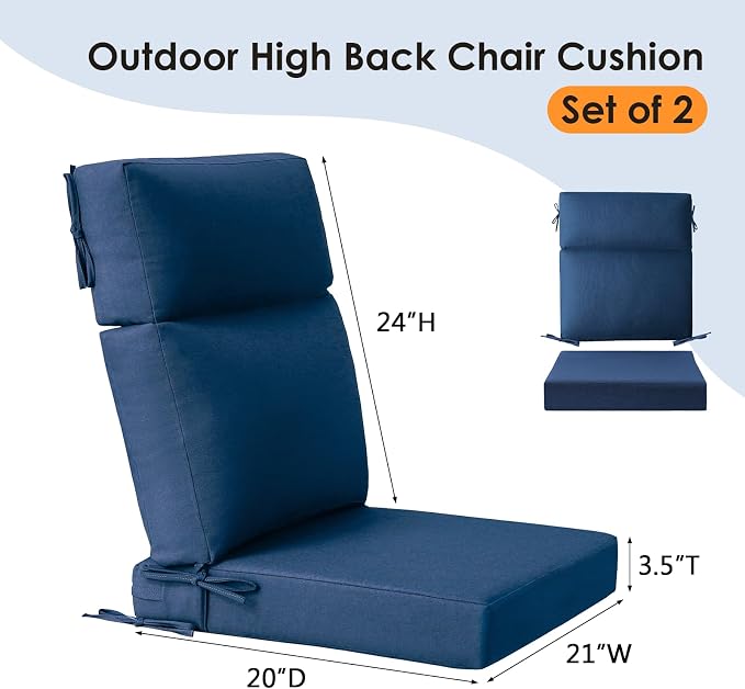 Unimatta Sunbrella Outdoor Separate High Back Cushion Seat Pads, 2-Pack 44 x 21 Inch Water-Repellent & Fade-Resistant Patio Furniture Cushions with Ties for Adirondack, Rocking Chairs, Specrtum indigo