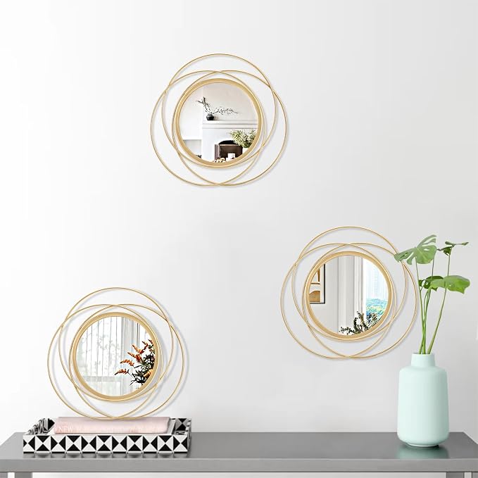 3 Set Gold Circle Mirrors for Wall Decor - Metal Art Small Round Mirror Sets - Hanging Wall Sculpture for Bedroom, Living Room, Entryway 12''