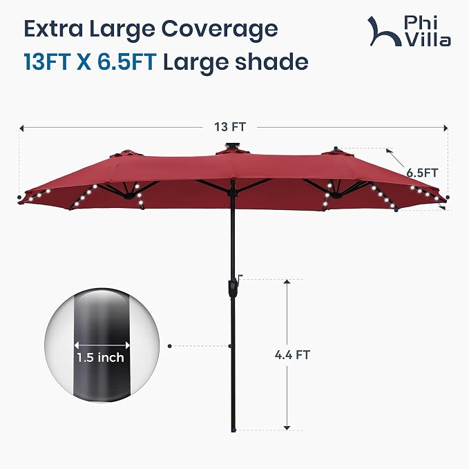 PHI VILLA 13ft Patio Umbrella with Solar-Powered 120 PCS LED Color-Changing Lights, Triple-Head Large Rectangle Umbrella Outdoor Patio for Table with Crank Lift,Dark Red(No Base)