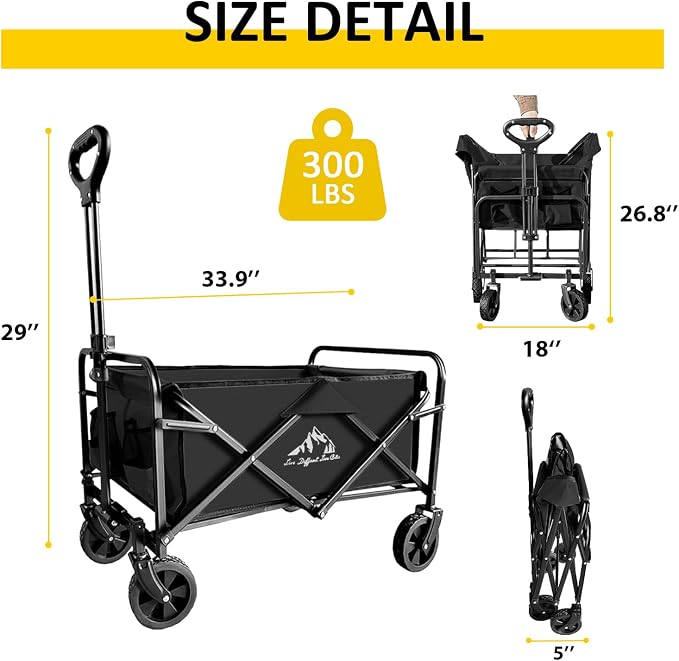 Collapsible Utility Cart Folding Wagon, 320lbs Capacity Lightweight Rolling Cart with Quiet Wheels, Quick-Fold Design for Camping, Shopping, Ourdoor Use,Black 2PCS